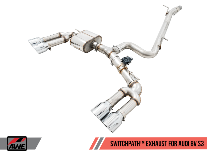 Escape AWE Tuning Audi 8V S3 SwitchPath com ponteiras cromadas 102 mm