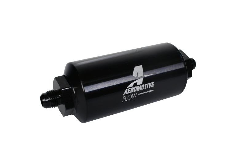 Filtro en línea Aeromotive - (AN-6 macho) Elemento de malla de acero inoxidable de 40 micras Acabado en negro brillante