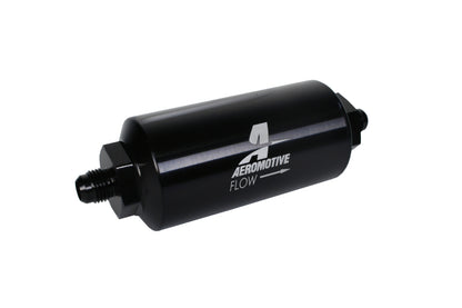 Filtro en línea Aeromotive - (AN-6 macho) Elemento de malla de acero inoxidable de 40 micras Acabado en negro brillante