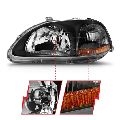 ANZO 1996-1998 Honda Civic Crystal Faróis pretos