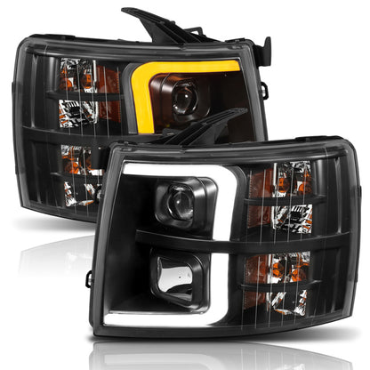 ANZO 07-13 Chevrolet Silverado 1500 Faros delanteros estilo tablón proyector negro con ámbar