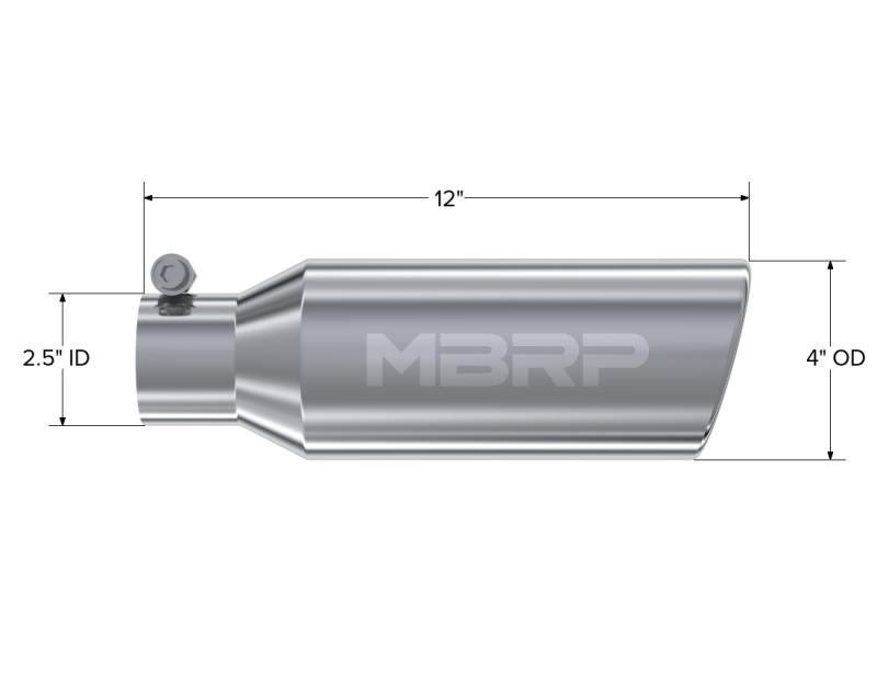 MBRP Punta universal 4 pulg. DE 2,5 pulg. Entrada 12 pulg. Longitud Corte en ángulo Extremo enrollado Sin abrazadera Sin soldadura T304