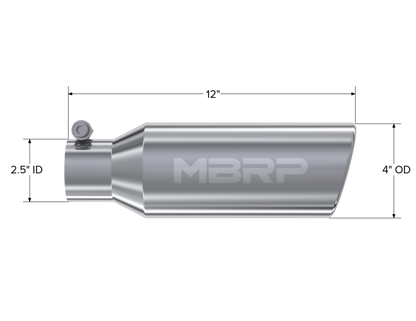 MBRP Punta universal 4 pulg. DE 2,5 pulg. Entrada 12 pulg. Longitud Corte en ángulo Extremo enrollado Sin abrazadera Sin soldadura T304