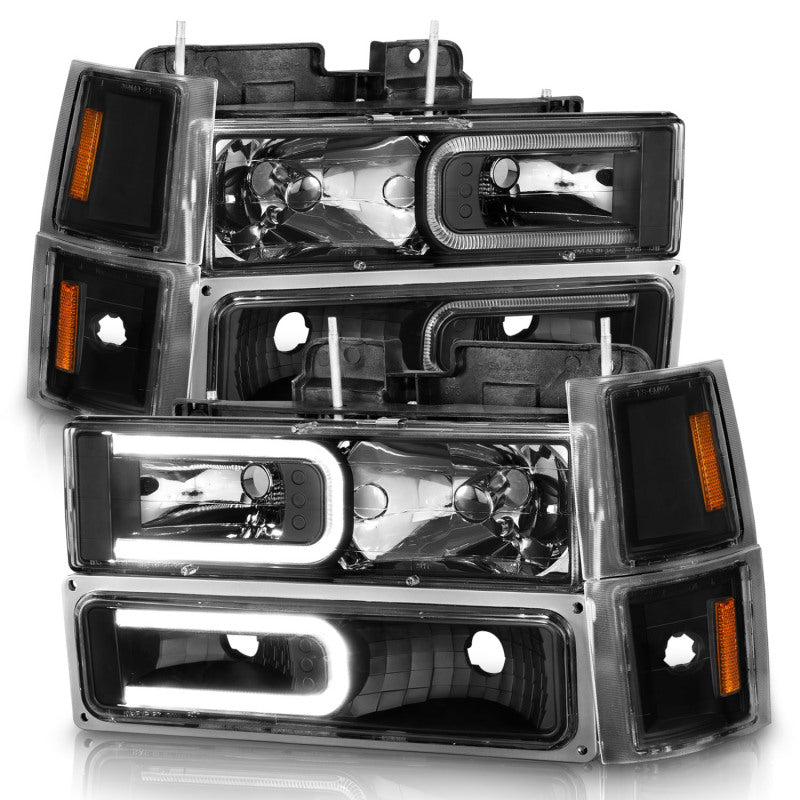 ANZO 88-98 Chevrolet C1500 Faróis de cristal com barra de luz Caixa preta com marcadores laterais de sinal 8 unidades
