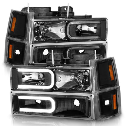 ANZO 88-98 Chevrolet C1500 Faróis de cristal com barra de luz Caixa preta com marcadores laterais de sinal 8 unidades
