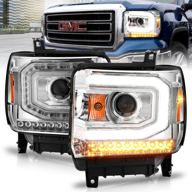 Faróis de projetor ANZO 2014-2015 Gmc Sierra 1500 com caixa cromada de barra de luz (tipo halogênio)