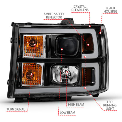 Projetor ANZO 2007-2013 Gmc Sierra 1500 Farol Estilo Plank Preto com Lente Transparente Âmbar