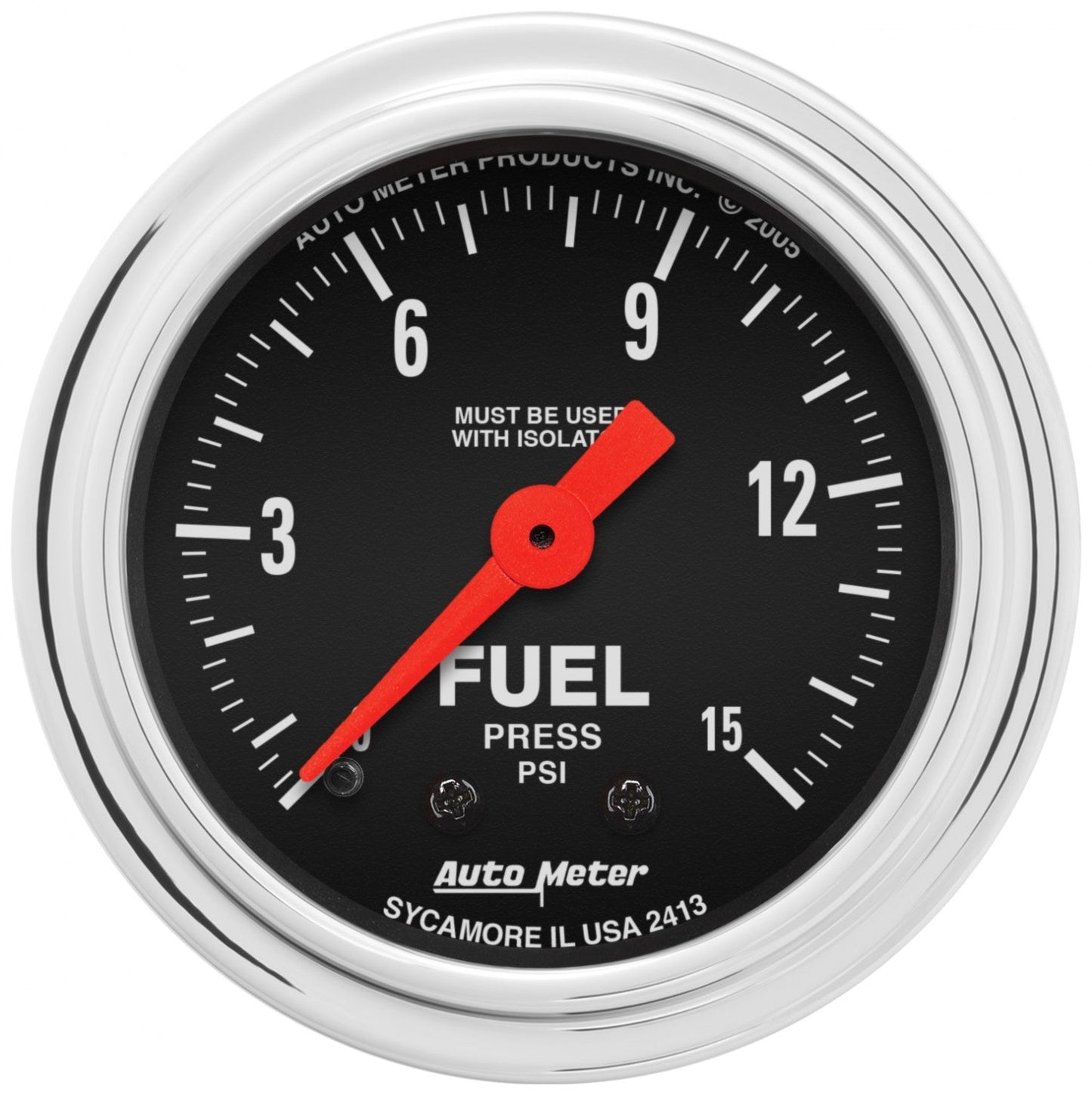 AutoMeter - 2-1/16" FUEL PRESSURE W/ ISOLATOR, 0-15 PSI, MECHANICAL, TRADITIONAL CHROME (2413)