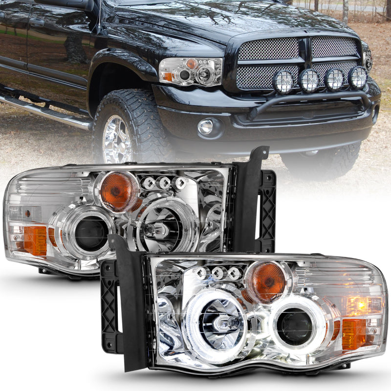 ANZO 2002-2005 Dodge Ram 1500 Faros delanteros proyectores con Halo Chrome Clear Amber