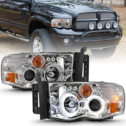 ANZO 2002-2005 Dodge Ram 1500 Faros delanteros proyectores con Halo Chrome Clear Amber