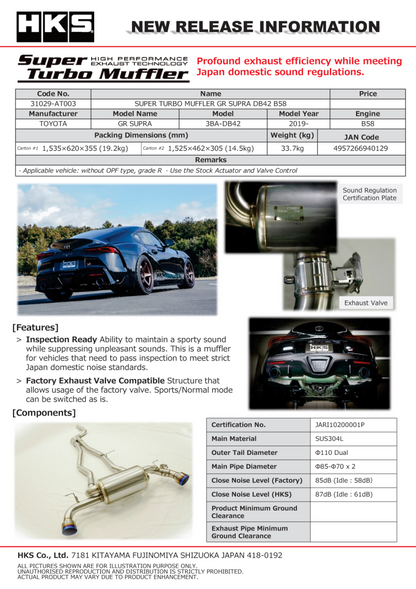 SILENCIADOR HKS SUPER TURBO GR SUPRA DB42 B58