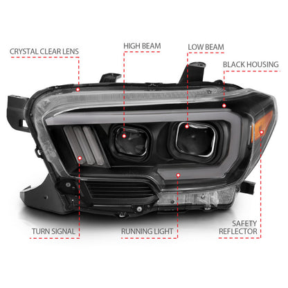 ANZO 2016-2017 Toyota Tacoma Faros delanteros proyectores con estilo tablón Switchback negro con ámbar