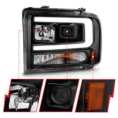ANZO 99-04 Ford F250/F350/F450/Excursion (excl 99) Faróis de projetor - com caixa de barra de luz preta