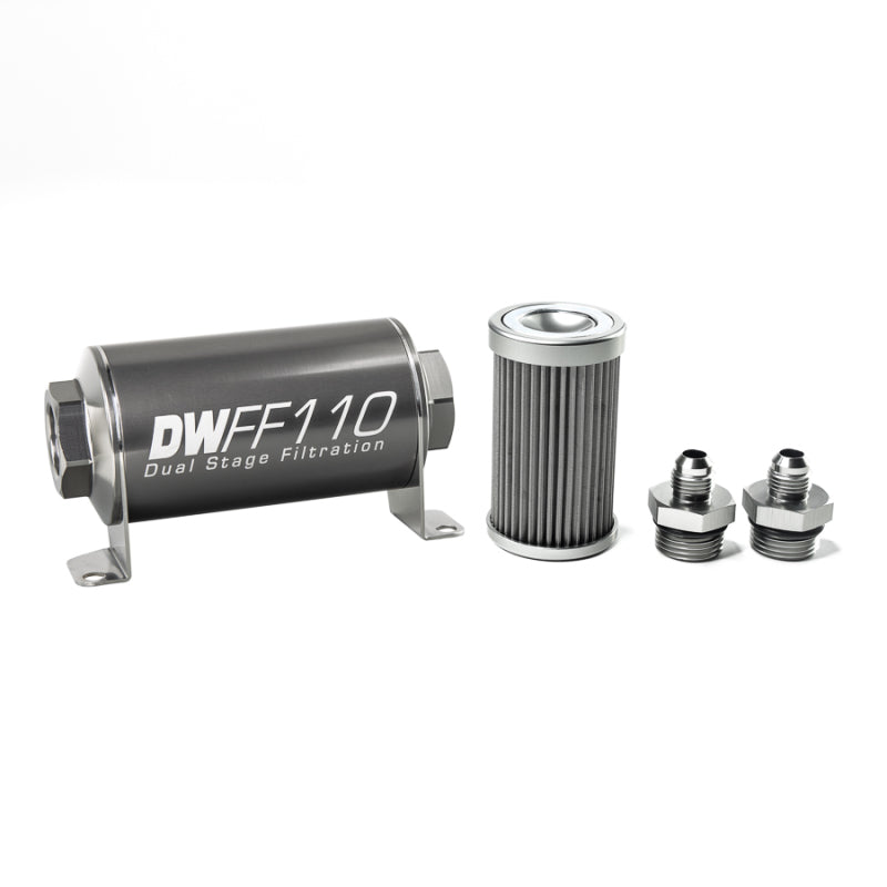 Kit de caixa de filtro de combustível em linha universal DeatschWerks aço inoxidável 6AN 40 mícrons (110 mm)