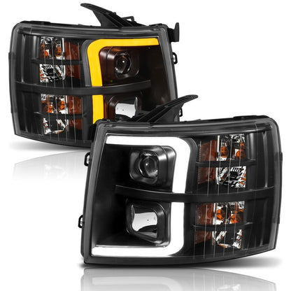ANZO 07-13 Chevrolet Silverado 1500 Faros delanteros estilo tablón proyector negro con ámbar
