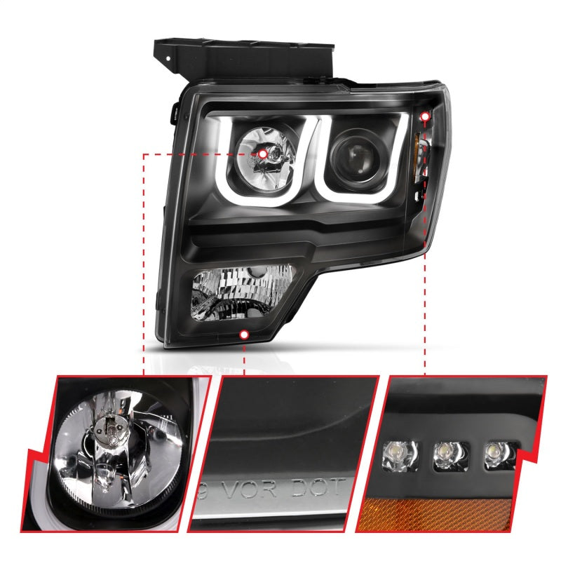 ANZO 2009-2014 Ford F-150 Projector Headlights w/ U-Bar Black Amber (HID TYPE) (WITHOUT HID KIT)