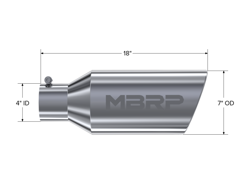 MBRP Punta universal 7 pulgadas OD Extremo enrollado Entrada de 4 pulgadas Longitud de 18 pulgadas - T304 (PUNTA ÚNICA)