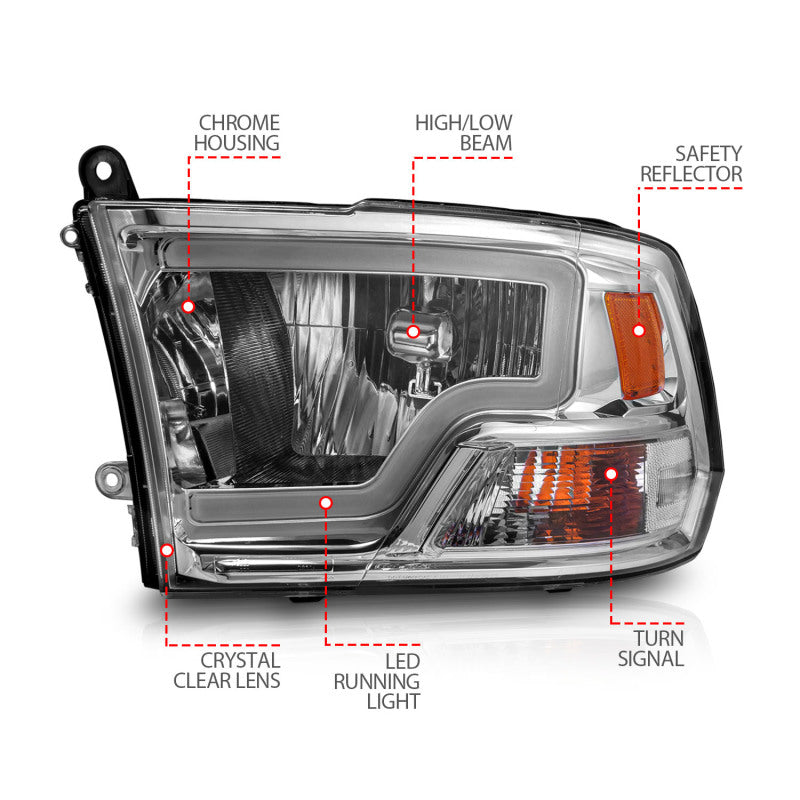 ANZO 2009-2018 Dodge Ram 1500/ 2500/ 3500 Faróis de cristal com barra de luz carcaça cromada