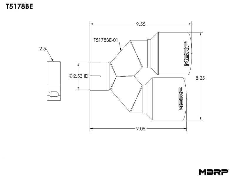 Punta de extremo quemado MBRP 2.5 ID Dual 4 OD Out 9.5 longitud Pared simple Acero inoxidable 304 Lado del conductor