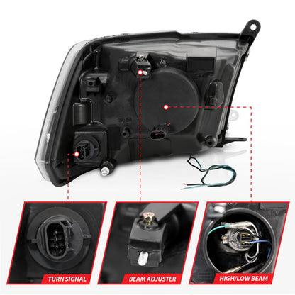 ANZO 09-18 Dodge Ram 1500 Faros delanteros estilo tablón proyector negro con halo