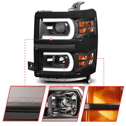 ANZO 14-15 Chevrolet Silverado 1500 Faros delanteros proyectores con estilo tablón Switchback negro con ámbar