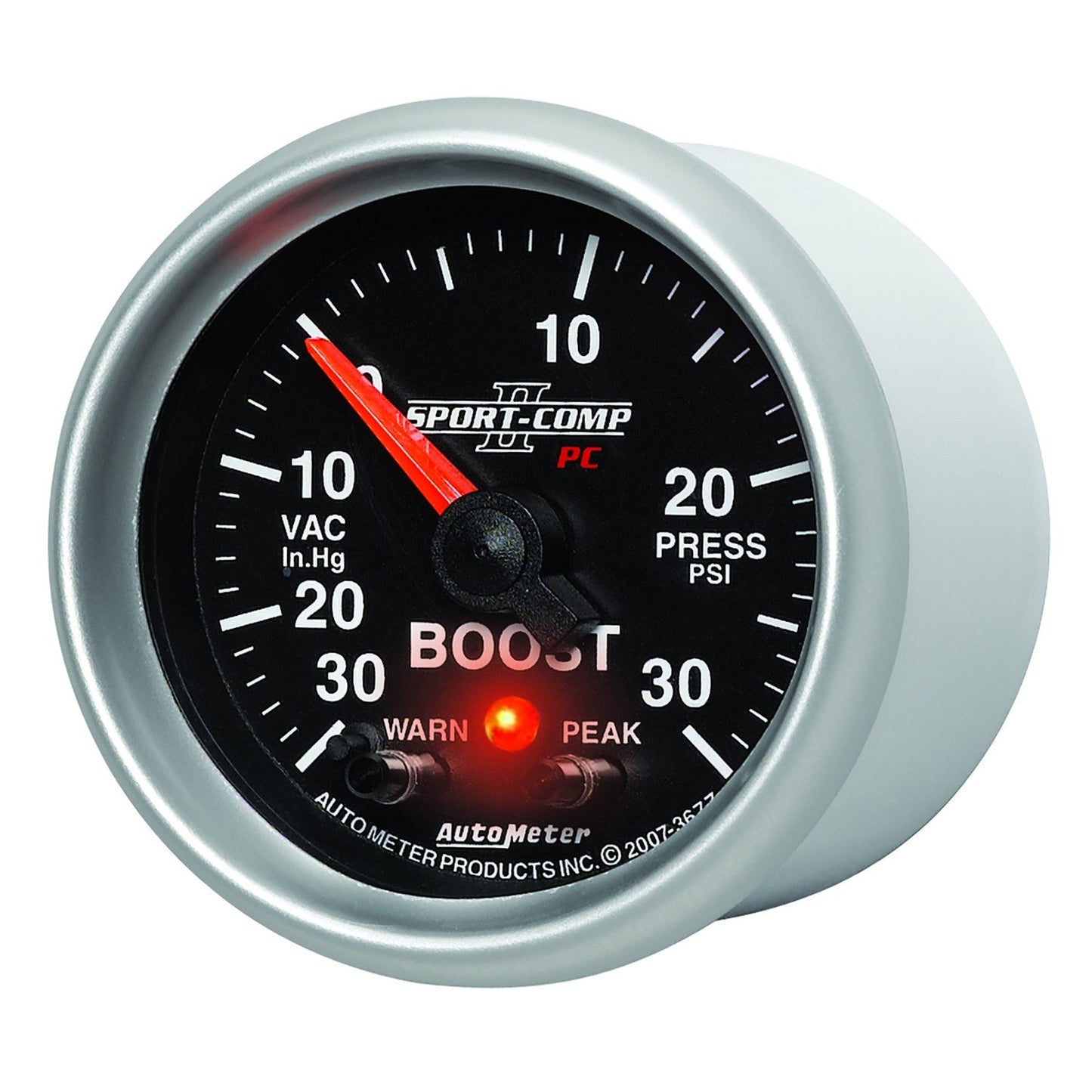 AutoMeter - 2-1/16" BOOST/VACUUM, W/ PEAK & WARN, 30 IN HG/30 PSI, STEPPER MOTOR, SPORT-COMP II (3677)