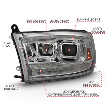ANZO 2009-2018 Projetor Dodge Ram 1500 HL Switchback Preto Âmbar