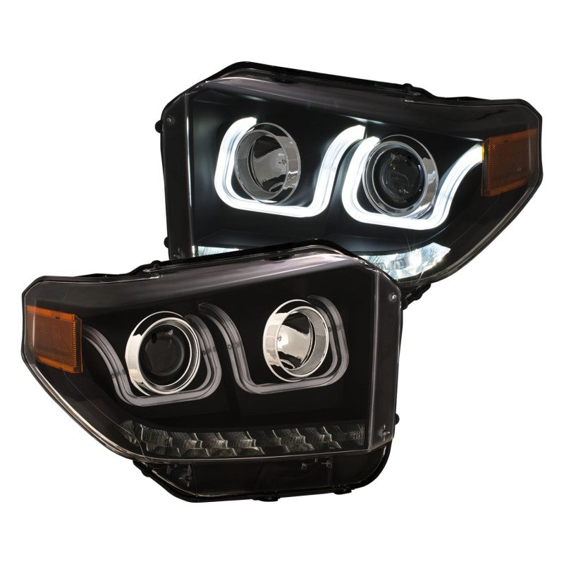 ANZO 14-18 Toyota Tundra w/ LED DRL Projector Headlights w/ U-Bar Switchback Black w/ DRL