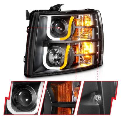 ANZO 2007-2013 Chevrolet Silverado 1500/2500 Faróis projetores c/ U-Bar Switchback preto c/ âmbar