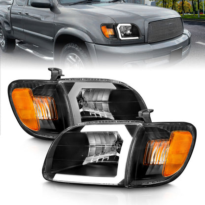 ANZO 00-04 Toyota Tundra (compatível apenas com cabine Reg/Acc) Faróis de cristal com barra de luz preta com luz de canto