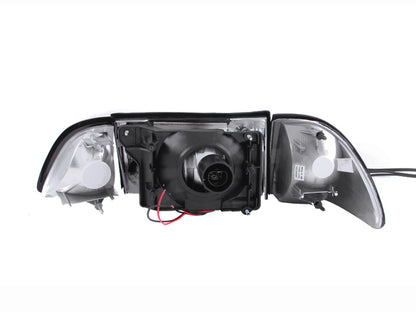 ANZO 1987-1993 Ford Mustang Cristal Faróis pretos com luzes de canto 3 peças