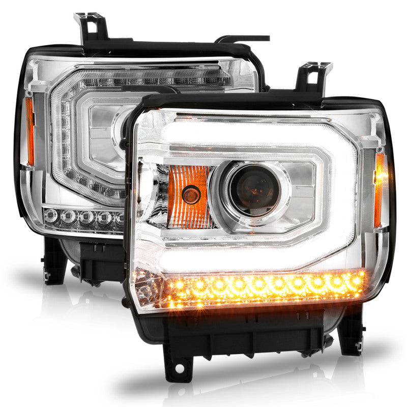 Faróis de projetor ANZO 2014-2015 Gmc Sierra 1500 com caixa cromada de barra de luz (tipo halogênio)