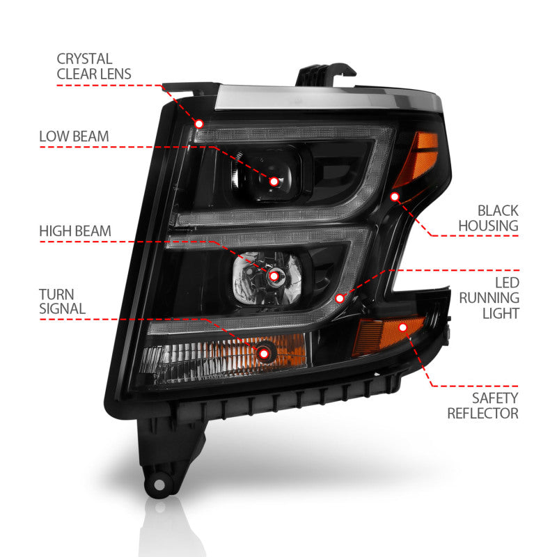 ANZO 2015-2020 Chevy Tahoe projetor faróis estilo prancha preto com DRL