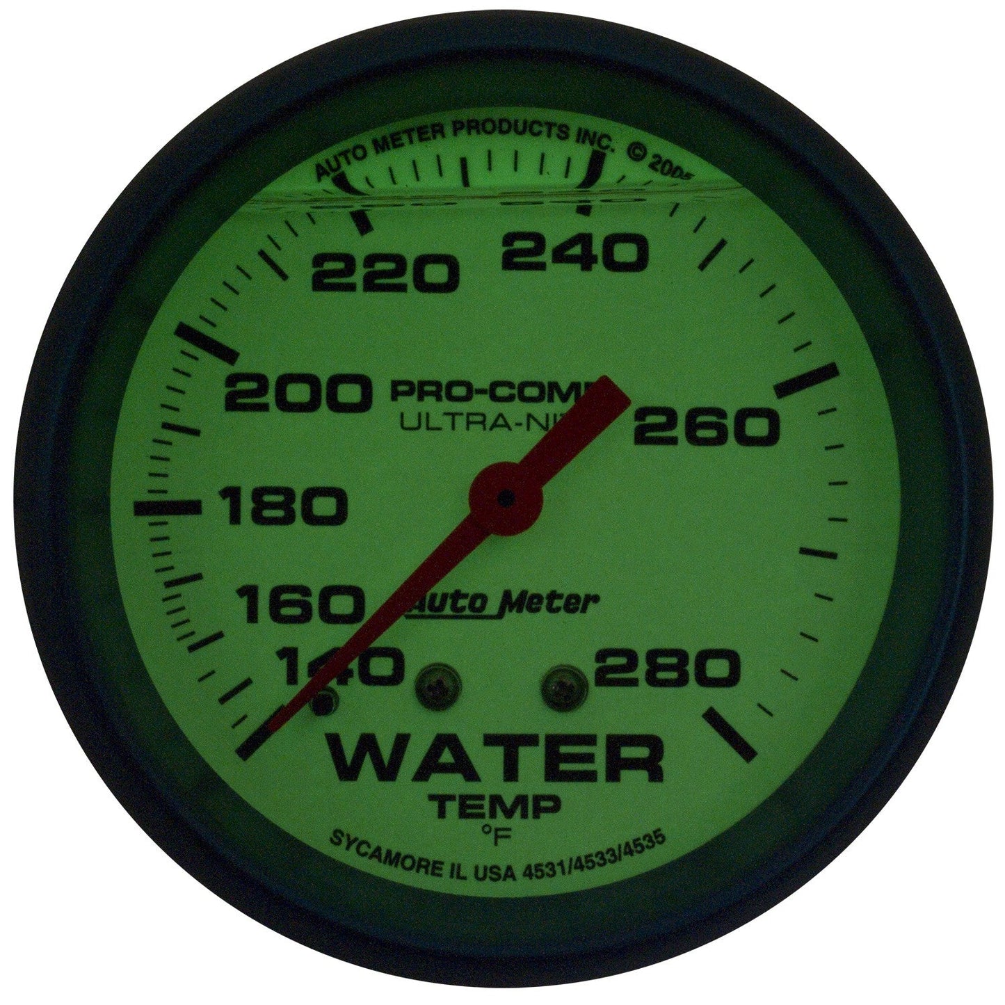AutoMeter - 2-5/8" WATER TEMPERATURE, LIQUID FILLED, 140-280 °F, 6 FT., MECHANICAL, ULTRA-NITE (4231)