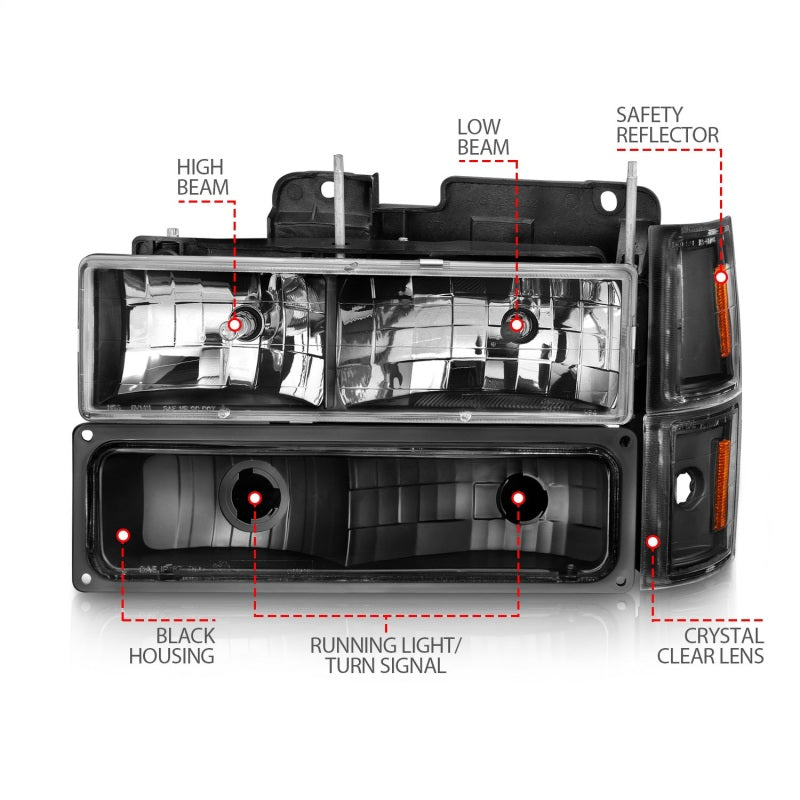 ANZO 88-98 Chevrolet C1500 Faróis de cristal preto