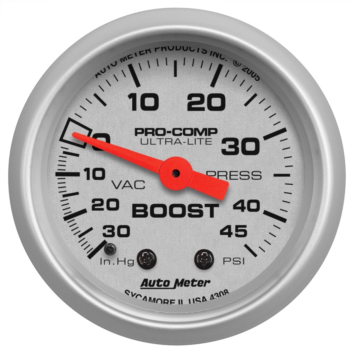 AutoMeter - 2-1/16" BOOST/VACUUM, 30 IN HG/45 PSI, MECÂNICO, ULTRA-LITE (4308)