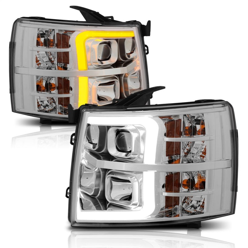 ANZO 07-13 Chevrolet Silverado 1500/2500/3500 Proj Headlights w/ Plank Style Switchback Chrome w/Amb