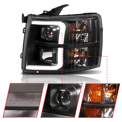 ANZO 07-13 Chevrolet Silverado 1500 Faros delanteros estilo tablón proyector negro con ámbar