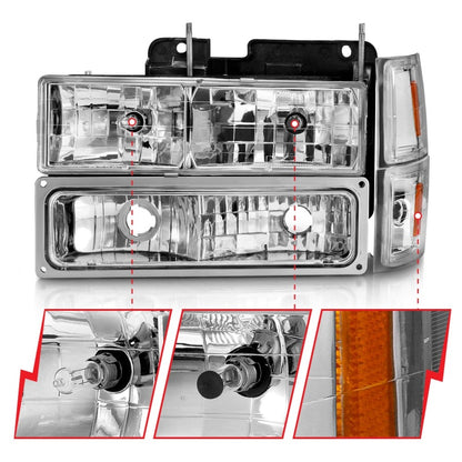 ANZO 88-98 Chevrolet C1500 Faróis de cristal cromados com sinalizadores e luzes laterais