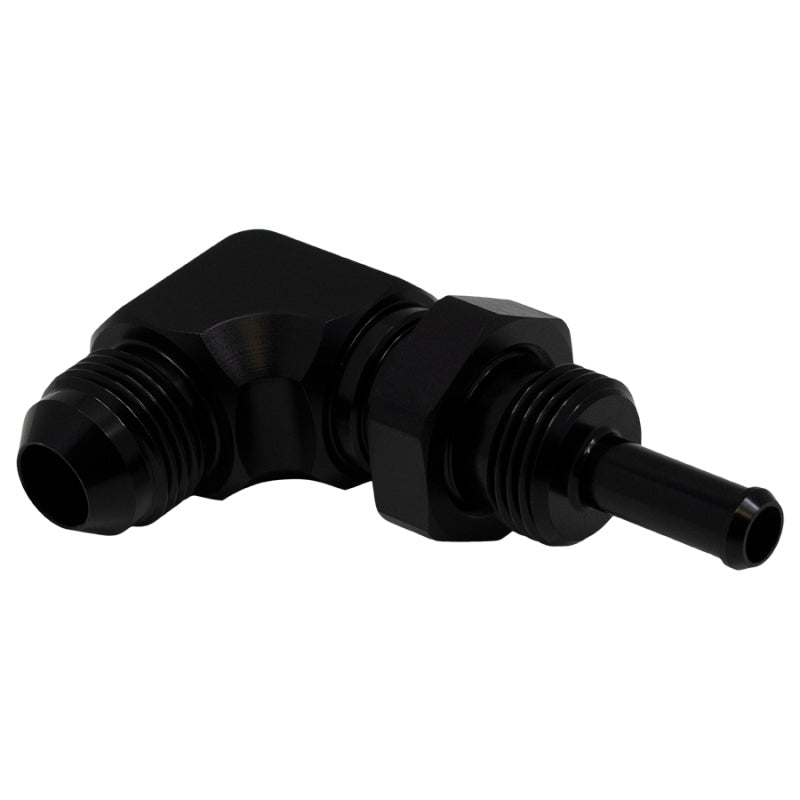 DeatschWerks 8AN macho Flare a 5/16in macho Barb Bulkhead adaptador 90 grados - anodizado negro mate