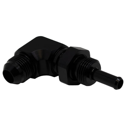 DeatschWerks 8AN macho Flare a 5/16in macho Barb Bulkhead adaptador 90 grados - anodizado negro mate