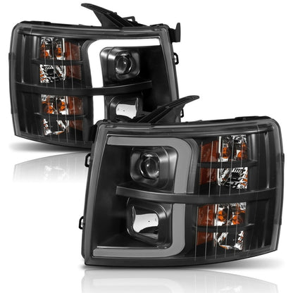 ANZO 07-13 Chevrolet Silverado 1500 Faros delanteros estilo tablón proyector negro con ámbar