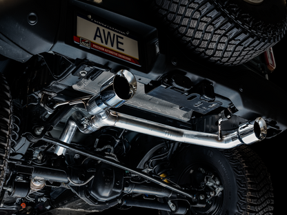AWE Tuning 2021+ Ford Bronco 0FG Escape traseiro duplo com ponteiras cromadas e protetor basculante