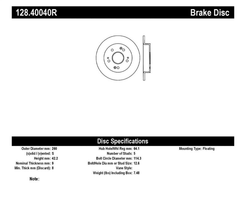 StopTech 06-07 Acura CSX (Canadá) / 06-09 Honda Civic / 97-01 Prelude Perfurado Rotor traseiro direito