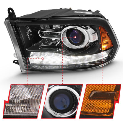 ANZO 2009-2018 Projetor Dodge Ram 1500 Plank Style Switchback HL Halo Black Amber (estilo OE)
