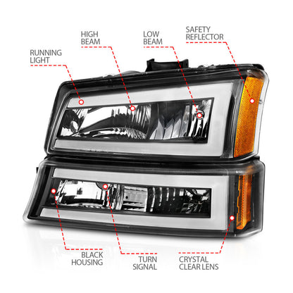 ANZO 2003-2006 Chevrolet Silverado 1500 Faros delanteros de cristal con barra de luz carcasa negra