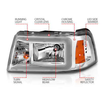 Faróis de cristal ANZO 2001-2011 Ford Ranger c/ barra de luz carcaça cromada