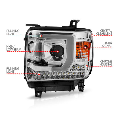 ANZO 14-15 GMC Sierra 1500/2500HD/3500HD Farol projetor estilo prancha - Caixa cromada