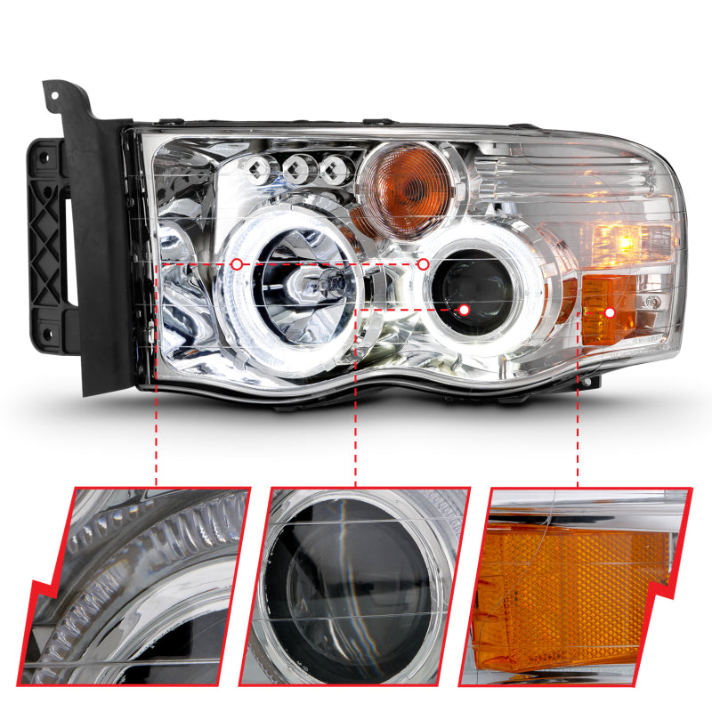 ANZO 2002-2005 Dodge Ram 1500 Faros delanteros proyectores con Halo Chrome Clear Amber