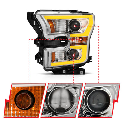 ANZO 2015-2017 Ford F-150 Projetor Faróis c/ Plank Style Switchback Cromado c/ Âmbar
